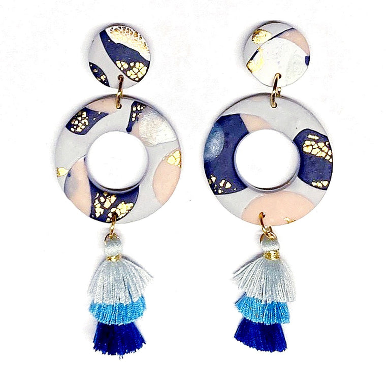 Earrings | Multicoloured clay dangles with blue tassel
