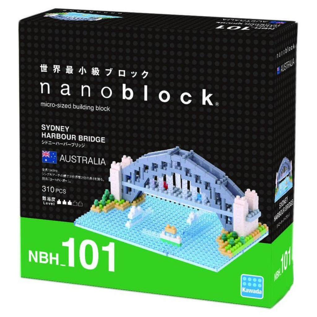 Micro-sized building blocks featuring an image of the completed nanoblock Sydney Harbour Bridge in a box 