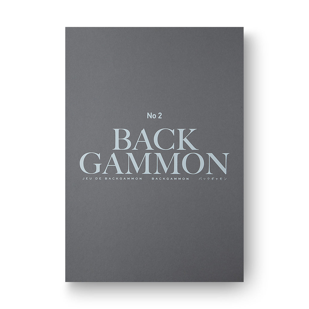 Image featuring a white background with a simplistic grey packaging box with the words No. 2 Back Gammon on the front