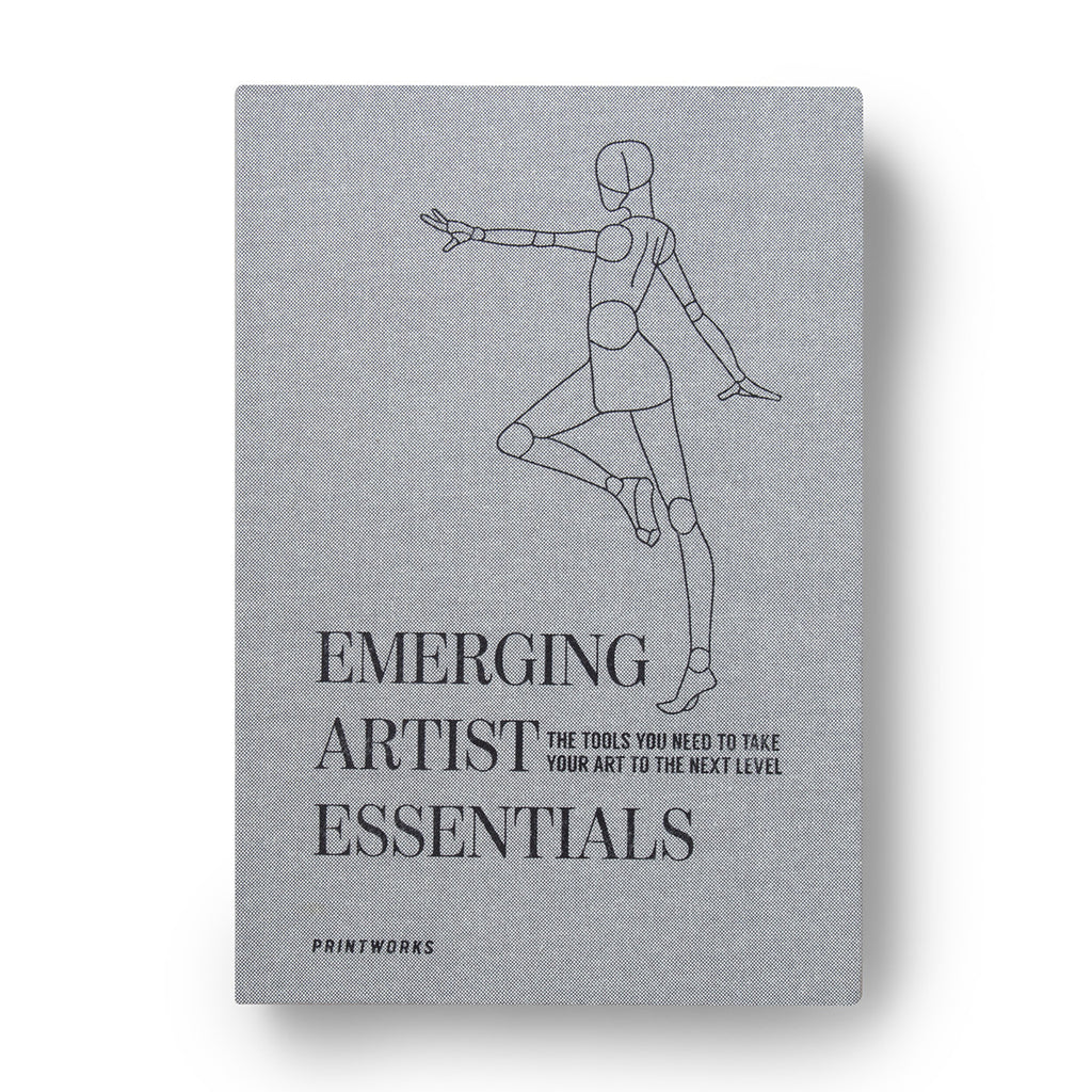 The sketching kit has a grey fabric cover with an outline illustration of the wooden mannequin posing above the serif capitalised text 'EMERGING ARTIST ESSENTIALS'. 