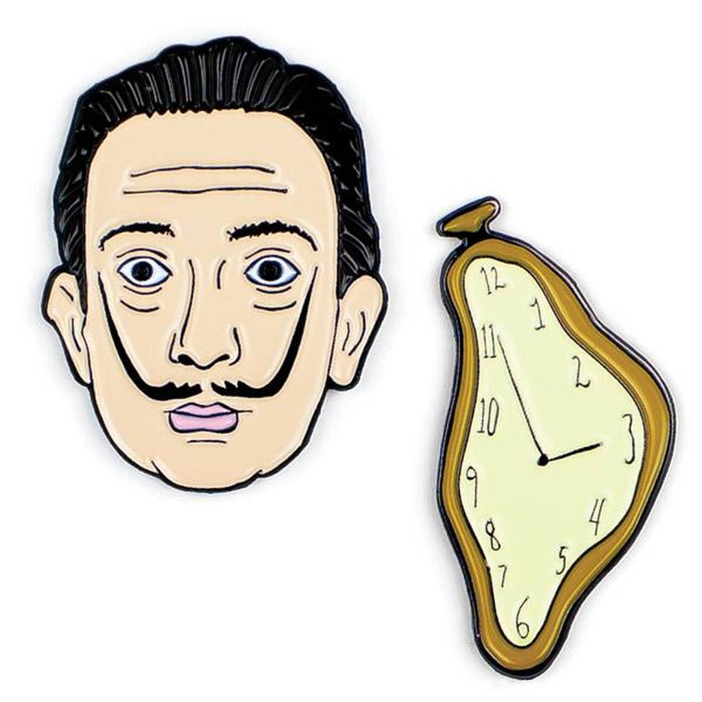A set of two Enamel pins. One is a portrait of Salvador Dali, the other a melting clock.