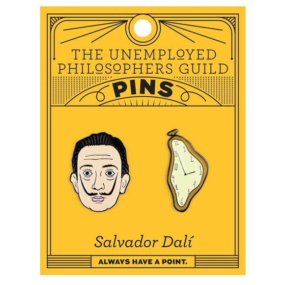 A set of two Enamel pins. One is a portrait of Salvador Dali, the other a melting clock.