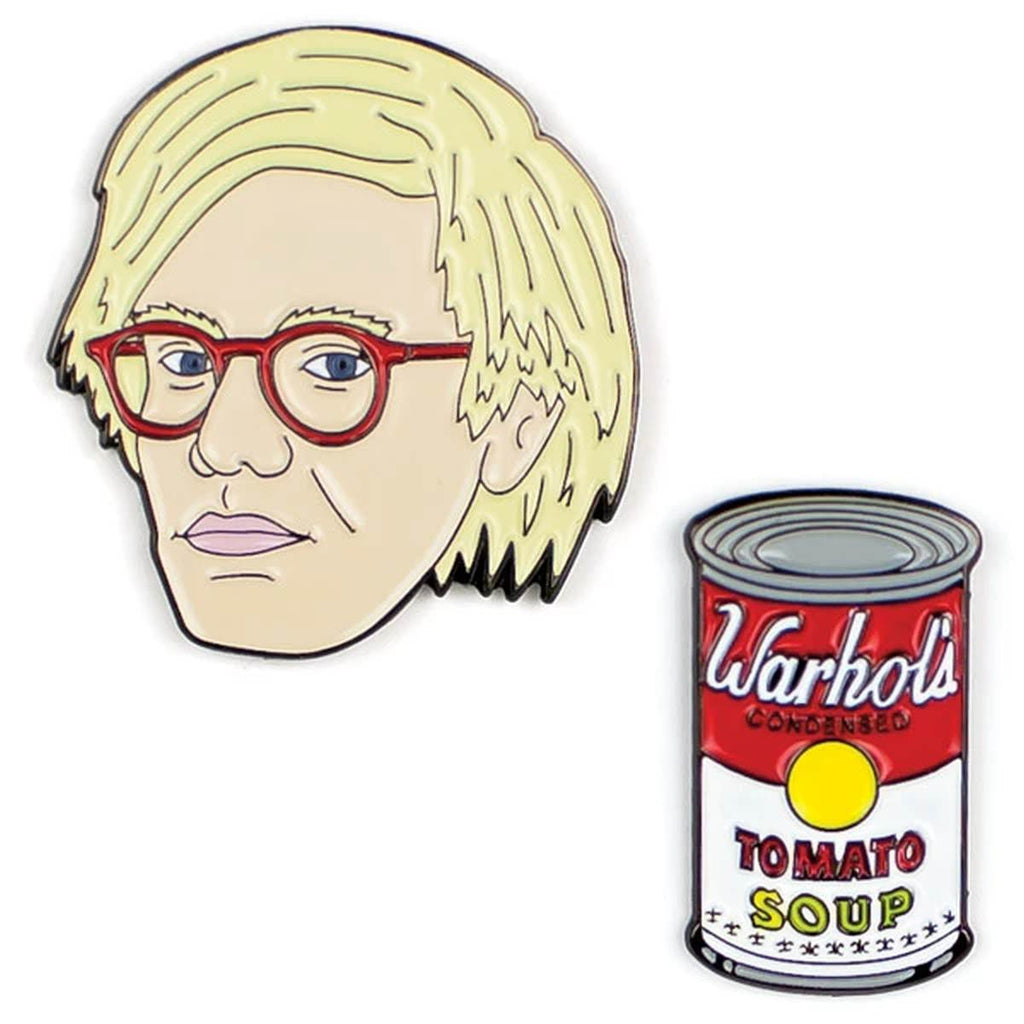 A set of two Enamel pins. One is a portrait of Andy Warhol, the other a Tomato Soup Can
