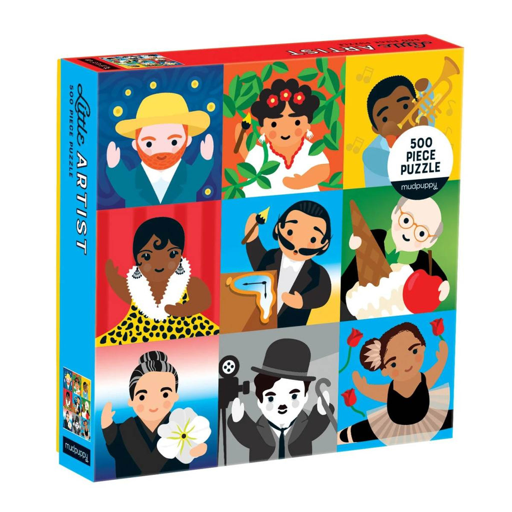 A boxed 500 piece puzzle. The cover of the box shows nine iconic artists and personalities illustrated as children.