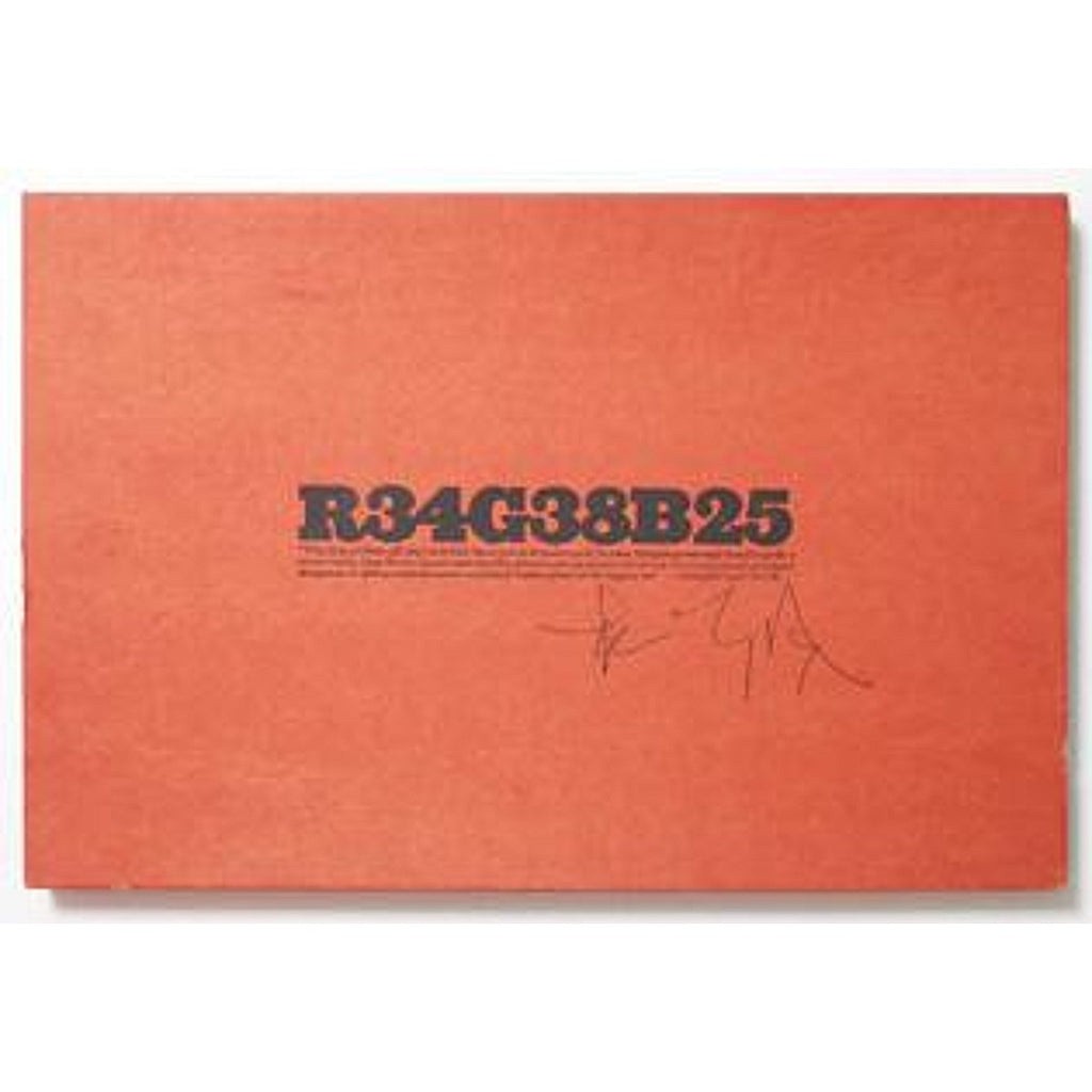 Image of a rust orange book cover with the title 'R34G38B25' in a bold black print along with the artist's signature.