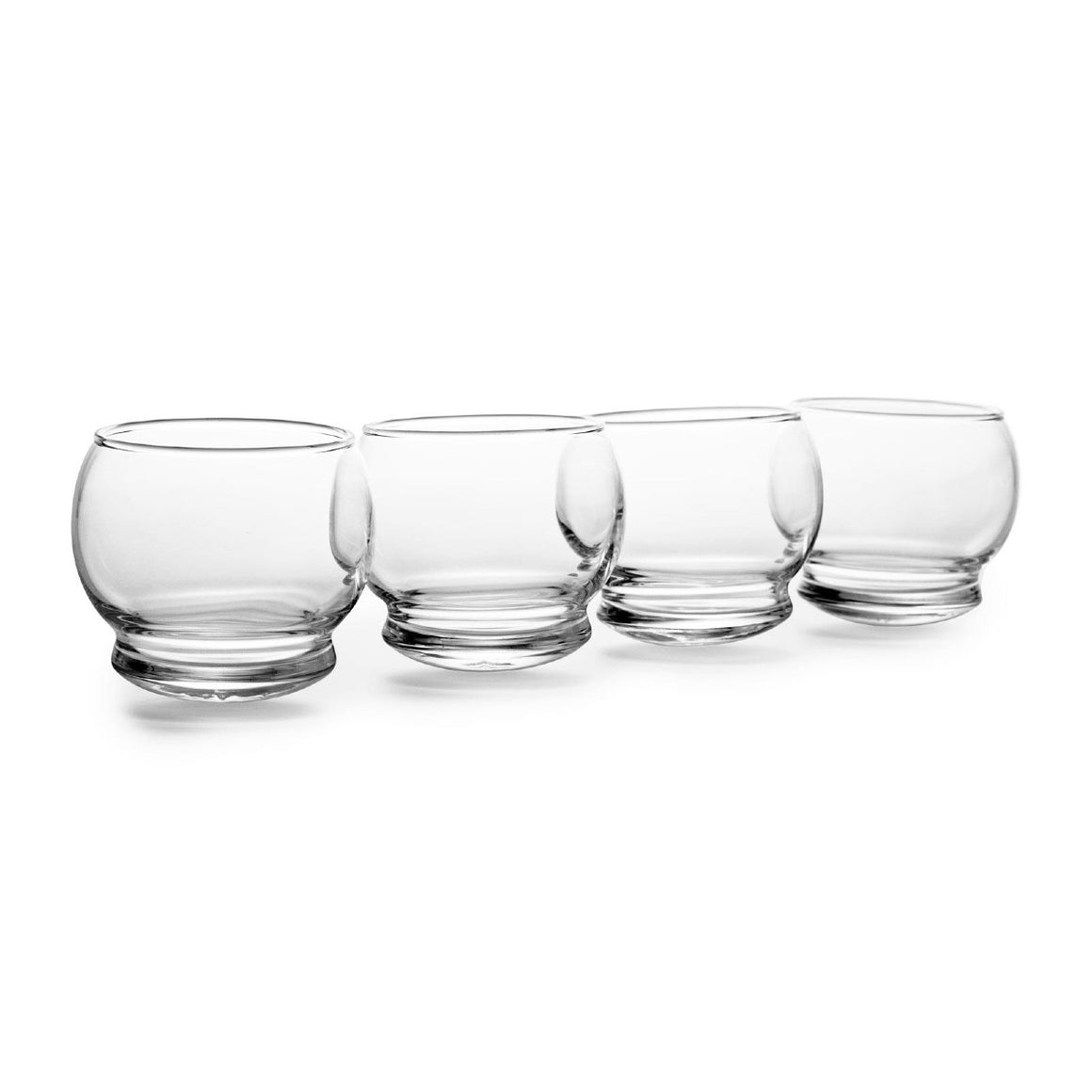 In a line are four bulbous glasses with thick rounded bases. 