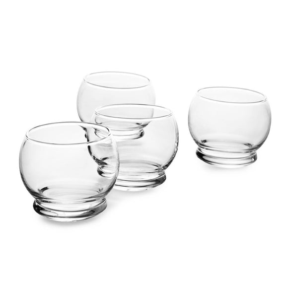 In a line are four bulbous glasses with thick rounded bases. 