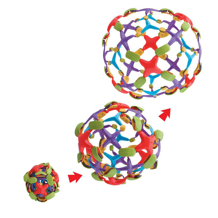 the image shows a colourful expandable ball in three different states of expanding.