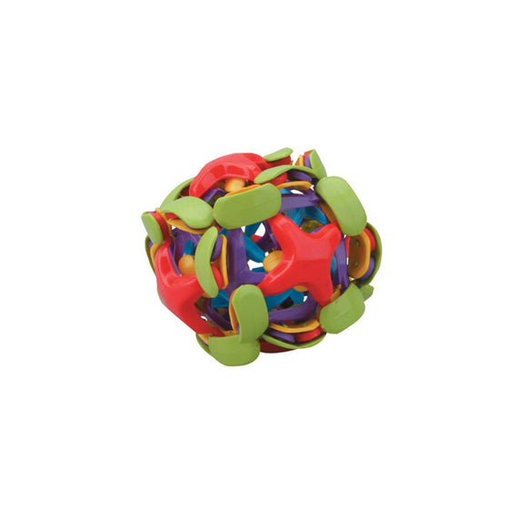 the image shows a colourful expandable ball in three different states of expanding.