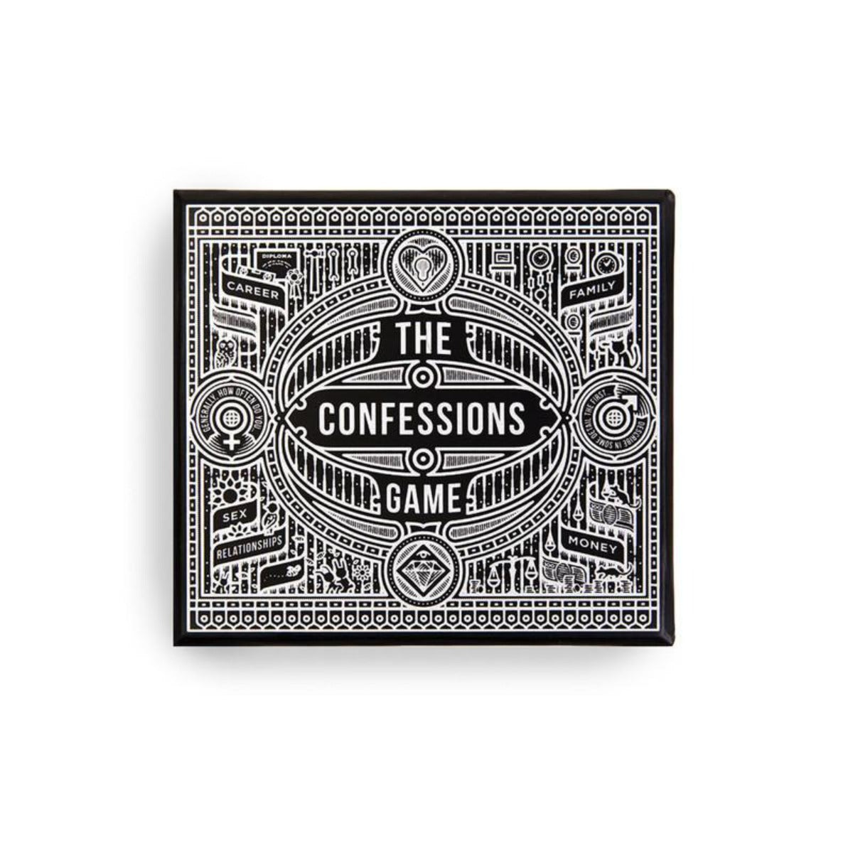 Image featuring the product in center with a black box background, on the top features a white line illustration of various symbols surrounding the centre which features the words The Confessions Game   