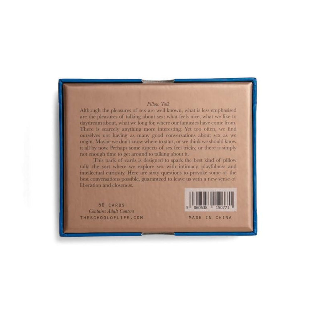 The back of the rectangular box has a bronze foiled background with the 'Pillow Talk' blurb in black text. 