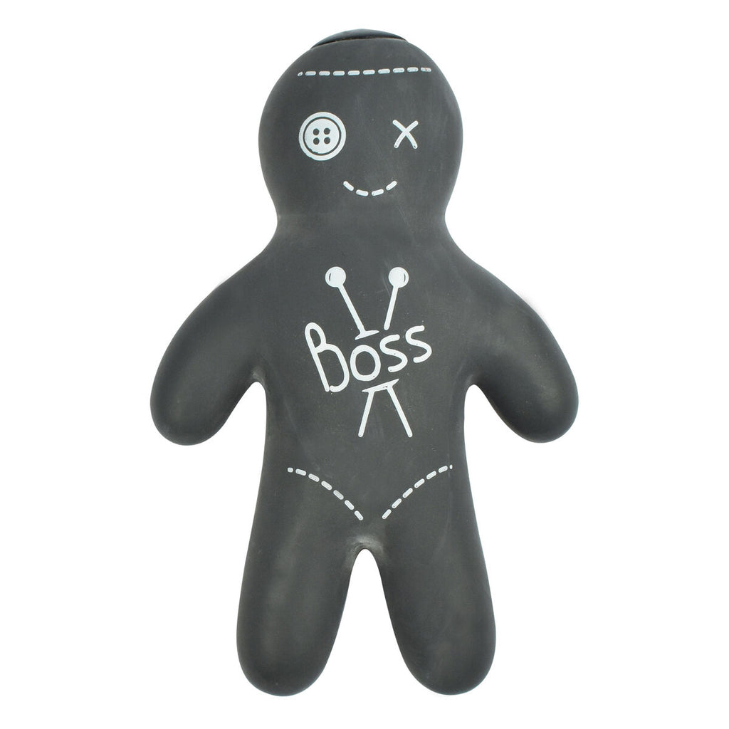Featuring a voodoo doll figure in the center which includes sewing lines, button, cross stitch and in the center pins with the word boss in the middle