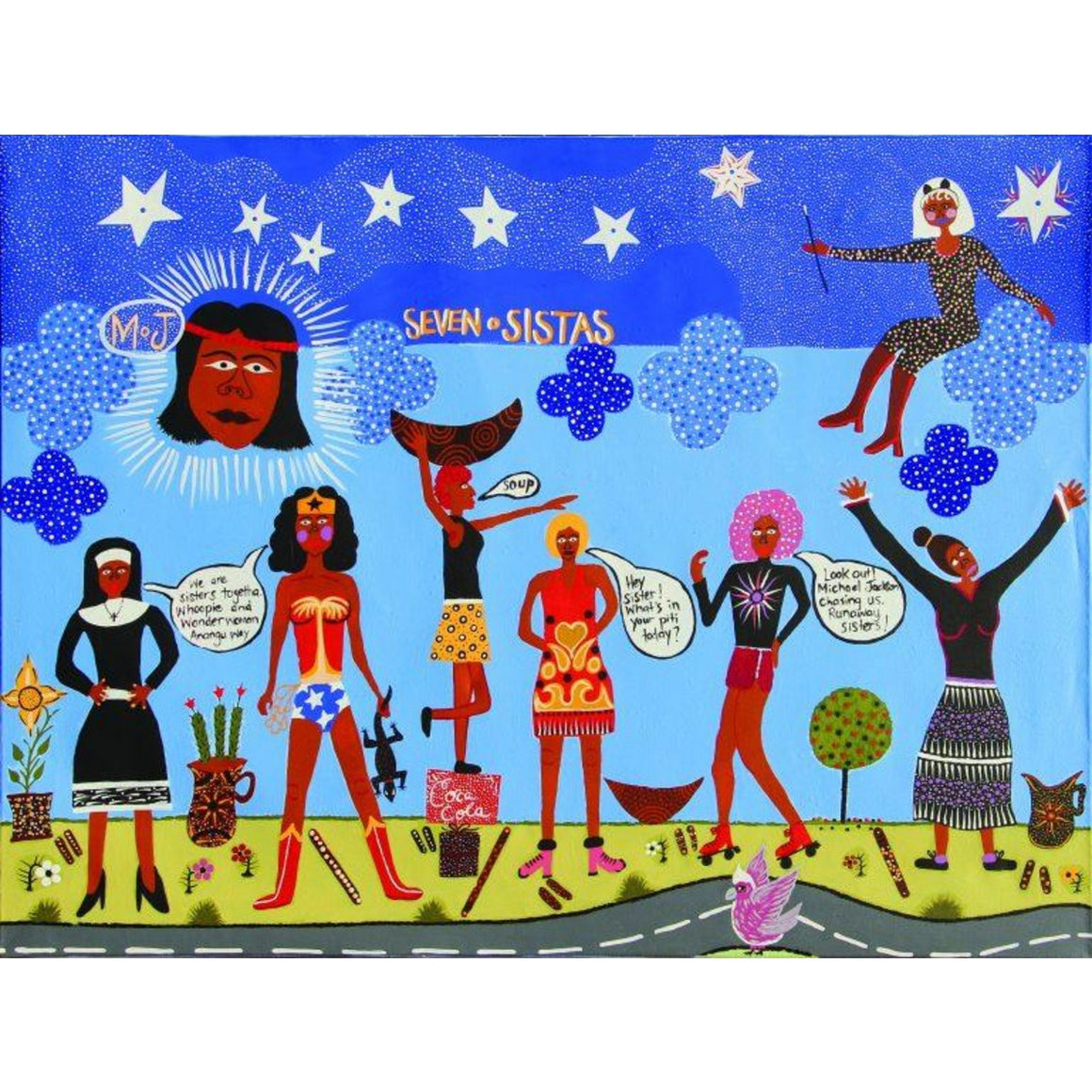 A blue tea towel with a colourful mural design of seven dark-skinned women, one dressed as a nun and another as Wonder Woman, are standing in a line on the green side of the road among stars and Indigenous dot prints. 