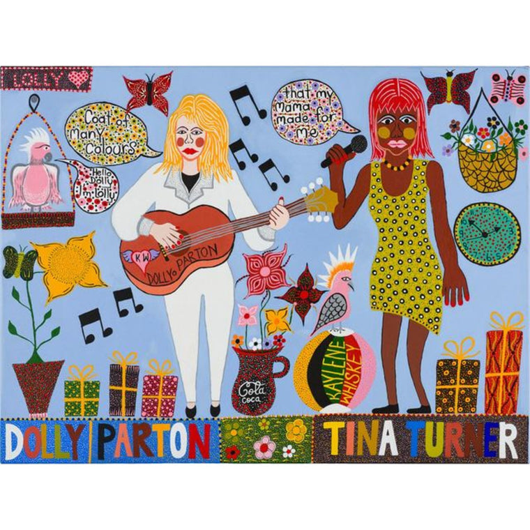 A light blue tea towel with a colourful mural design of Dolly Parton and Tina Turner among various butterflies, music notes, wrapped presents and cockatoos. 
