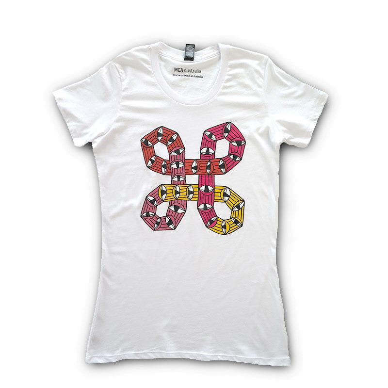 A Bowen knot square in yellow, pink and orange with eyes trailing on the pattern is in the centre of the white shirt with a slim fit. 
