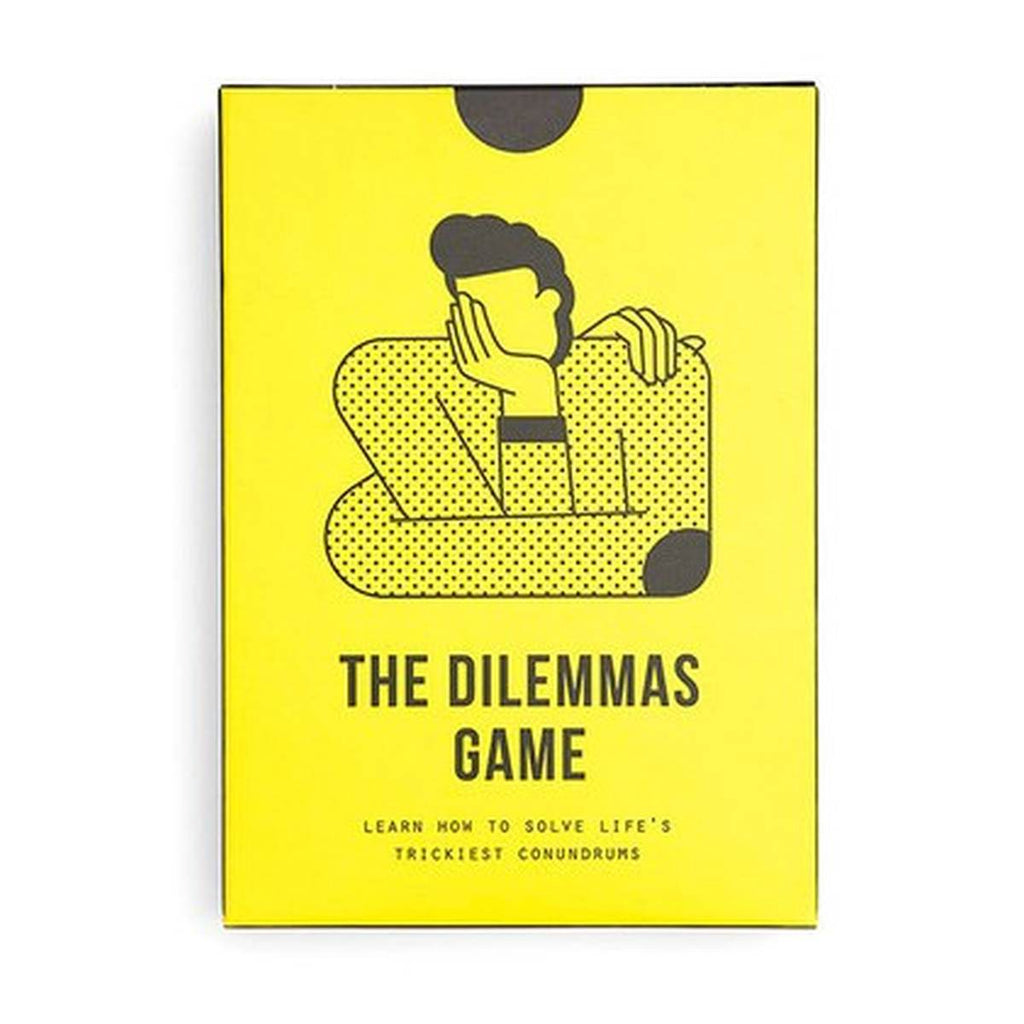 A bright yellow rectangular packaging box has a black graphic of a figure resting its head on its hand and 'the dilemmas game' capitalised in large black font below it. 