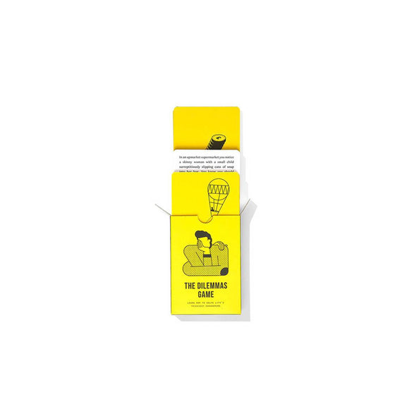 A bright yellow rectangular packaging box has a black graphic of a figure resting its head on its hand and 'the dilemmas game' capitalised in large black font below it. 