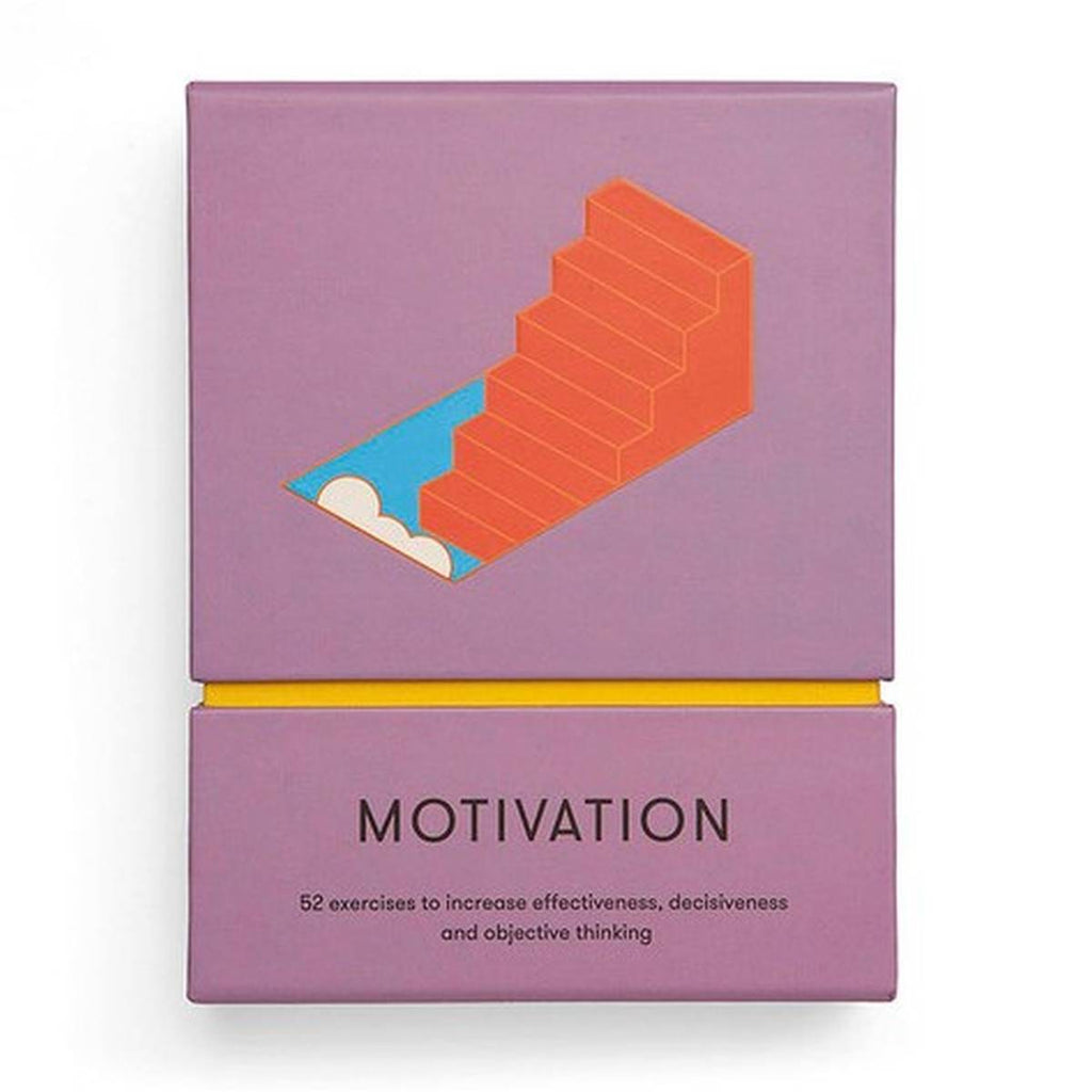 A muted purple rectangular box has a yellow interior that beams between the top case and the base with 'motivation' capitalised in black. On the top case is a graphic of a tangerine staircase ascending from a sky. 