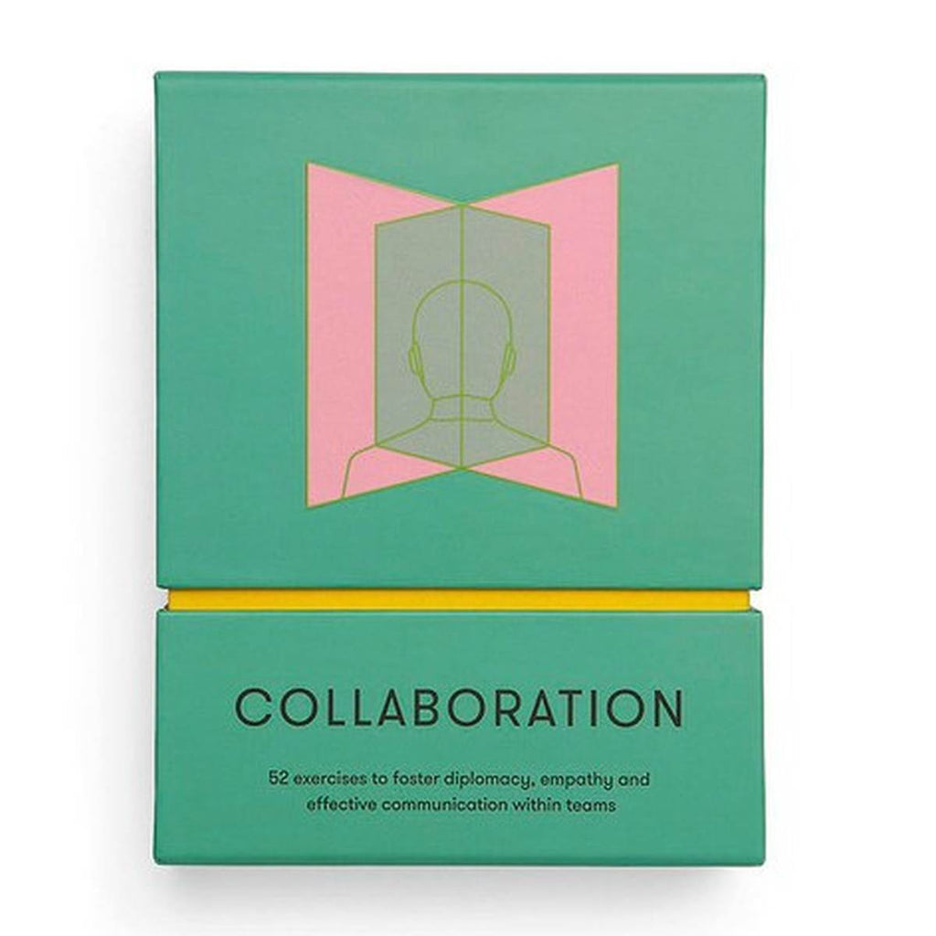 A muted green rectangular box has a yellow interior that beams between the top case and the base that has 'collaboration' capitalised in black. On the top case are two pink rectangles forming an angled corner with a figure's back in the centre. 