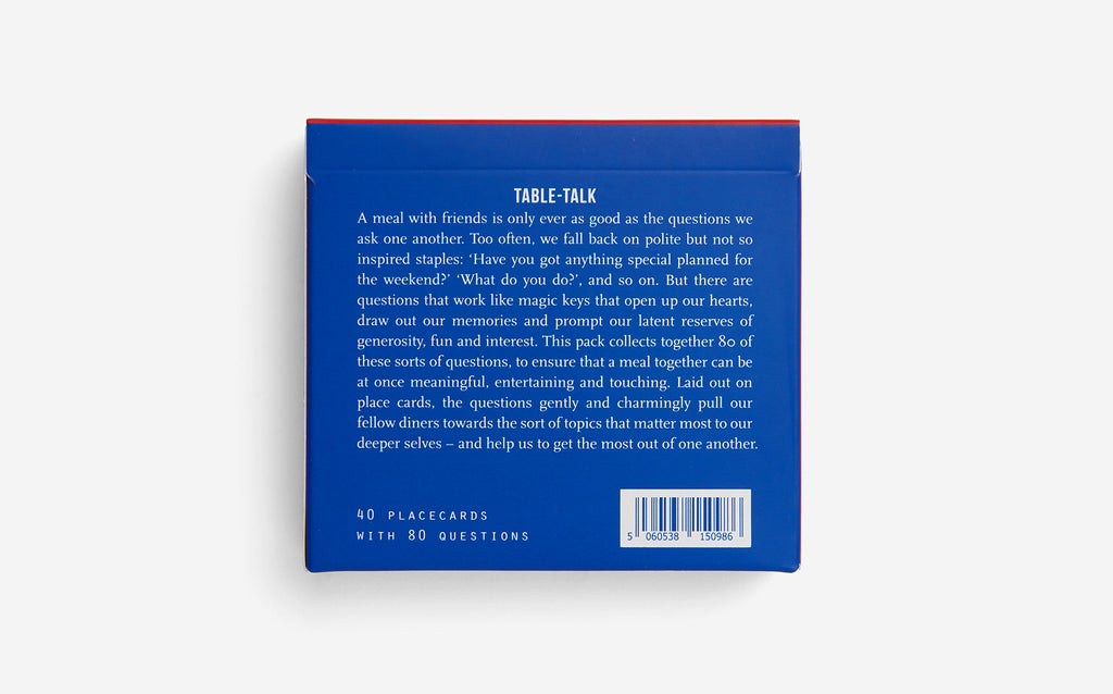 The back of the ultramarine blue packaging box is the blurb of 'Table-talk' in white text. 