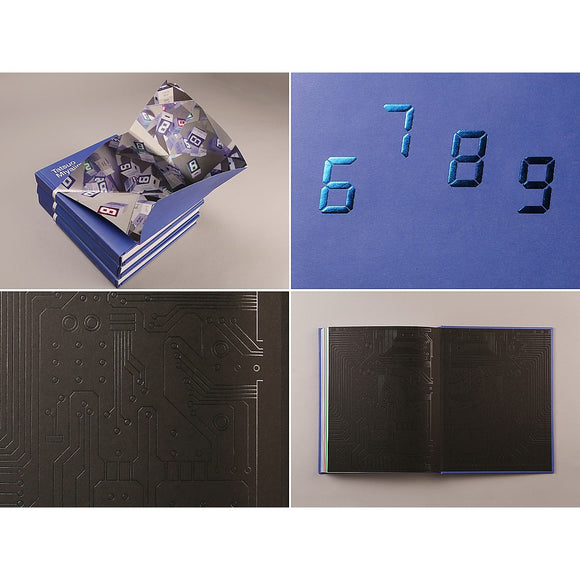 A catalogue for the exhibition " Connect with Everything" by Tatsuo Miyajima. The cover is blue and features embossed digital style numbers.