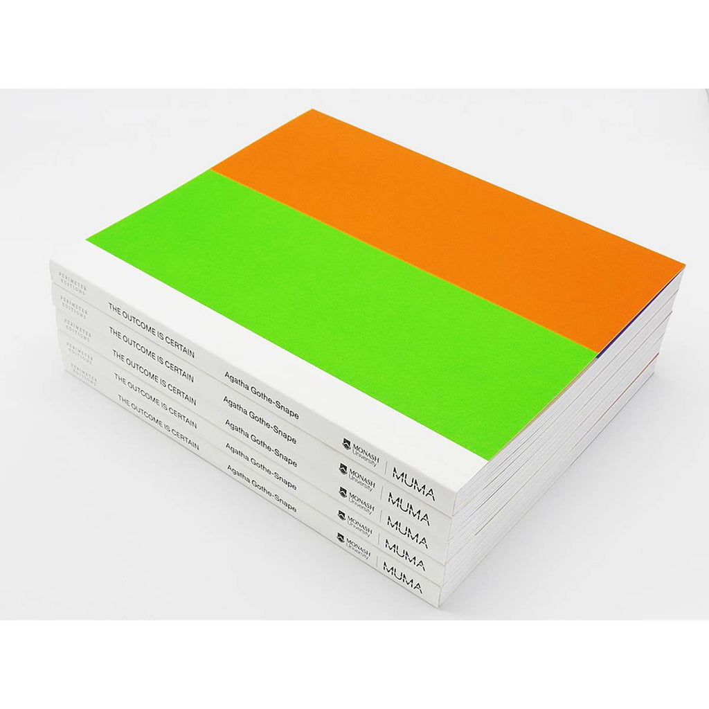a pile of white books with black writing on the spine. The cover features a block colour design in neon green and orange.
