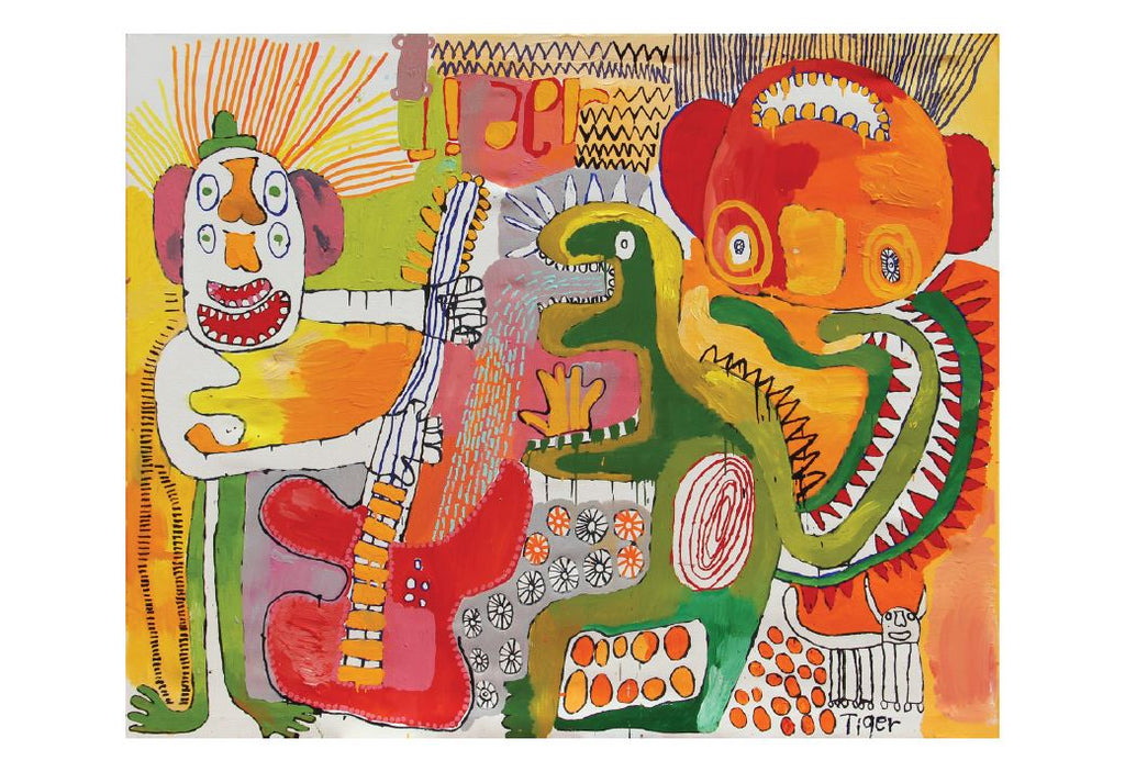 A horizontal postcard with a white border depicts Tiger Yaltangki's 'Malpa Wiru (Good Friends)' featuring a white face with two pairs of eyes, noses and smiling mouths holding a red guitar next to a green standing lizard while an upside-down face radiants orange. 