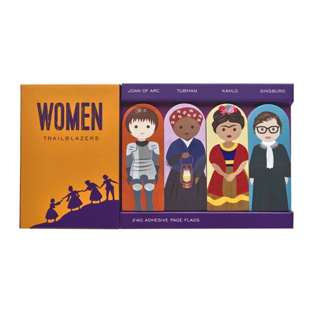 Image featuring the product in the centre, this product has features the colours orange and purple; and on the right has the adhesive paper flags which includes the graphically illustrated characters of joan of arc, harriet tubman, frida kahlo and ruth bater ginsburg