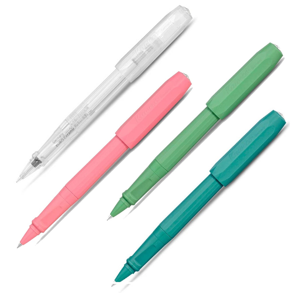 A translucent, pink, green and teal pens in a row with rollerball nibs as their matching caps are secured on the other end.   