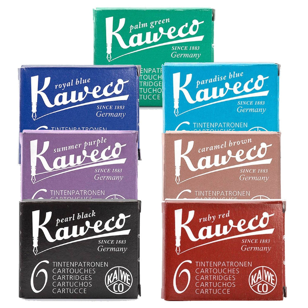 There are seven small rectangular boxes with white text stating the colour it contains and 'Kaweco' in a stylised font. Each boxes' colour corresponds to the colours it contain. Clockwise: black, purple, blue, green, cerulean, brown, maroon. 