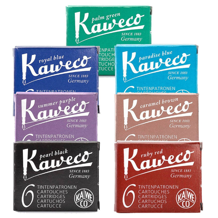 There are seven small rectangular boxes with white text stating the colour it contains and 'Kaweco' in a stylised font. Each boxes' colour corresponds to the colours it contain. Clockwise: black, purple, blue, green, cerulean, brown, maroon. 