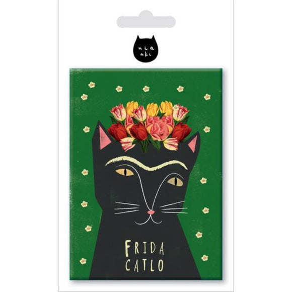 Image featuring a magnet with a green background and flowers, in the center includes a cat portrait inspired by Mexican artist Frida Kahlo