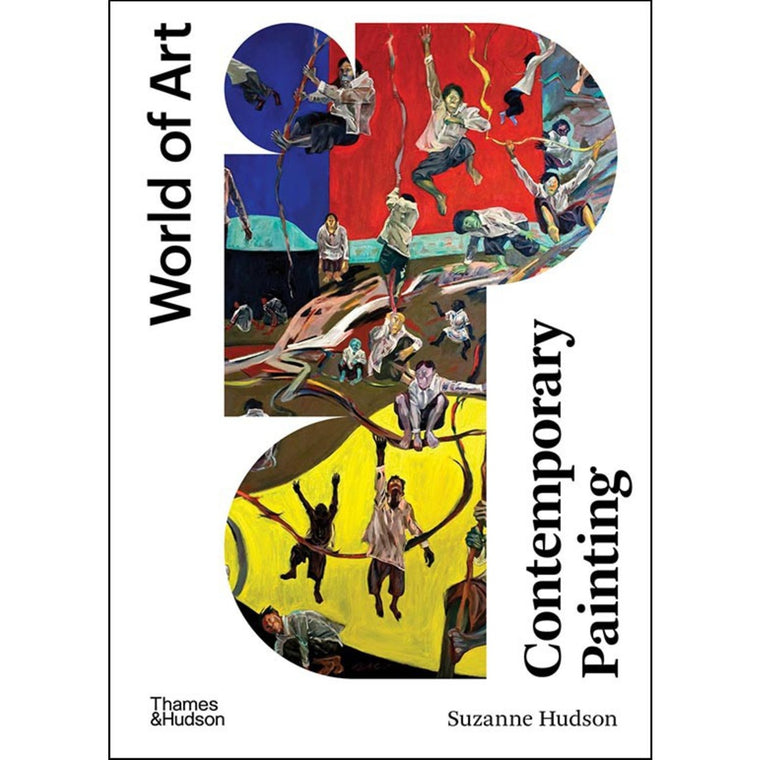Image featuring a book cover in the center which includes a white background with a geometric cut out that features a contemporary painting in the center with the words: World of Art: Contemporary Painting (on the side)