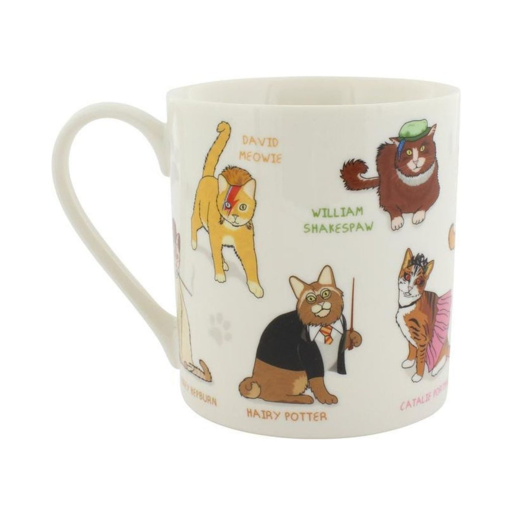 Image featuring the Celebri Cats Mug which includes graphic illustrations of a variety of cats that look like a variety of celebrities 
