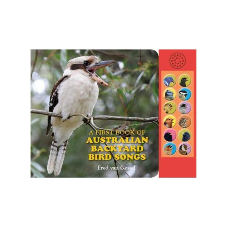 Image of a book cover which features an image of a kookaburra with buttons on the right hand side of the book which feature a variety of  other  Australian birds