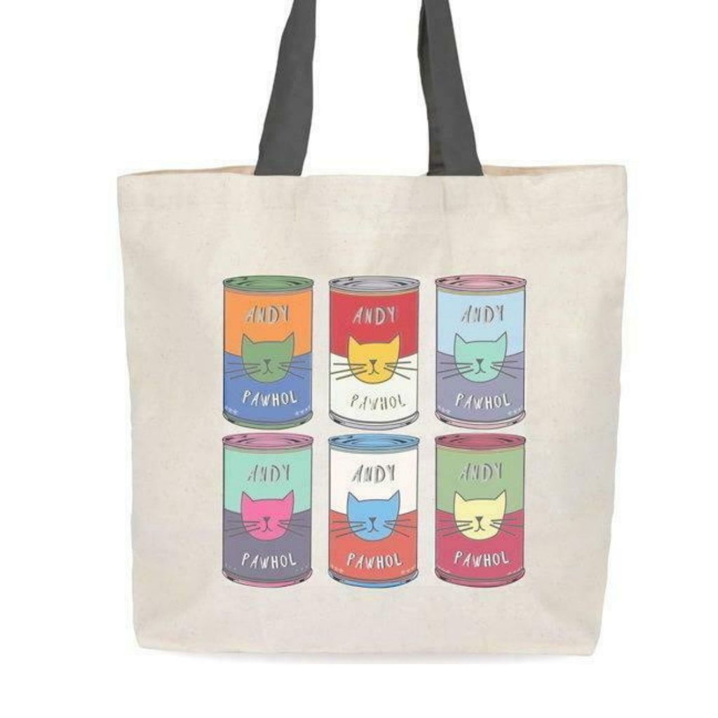 Image featuring a tote bag in the centre with an graphically illustrated version of Andy Warhol's Campbell Soup Cans which all features icons of cats in the middle of each can