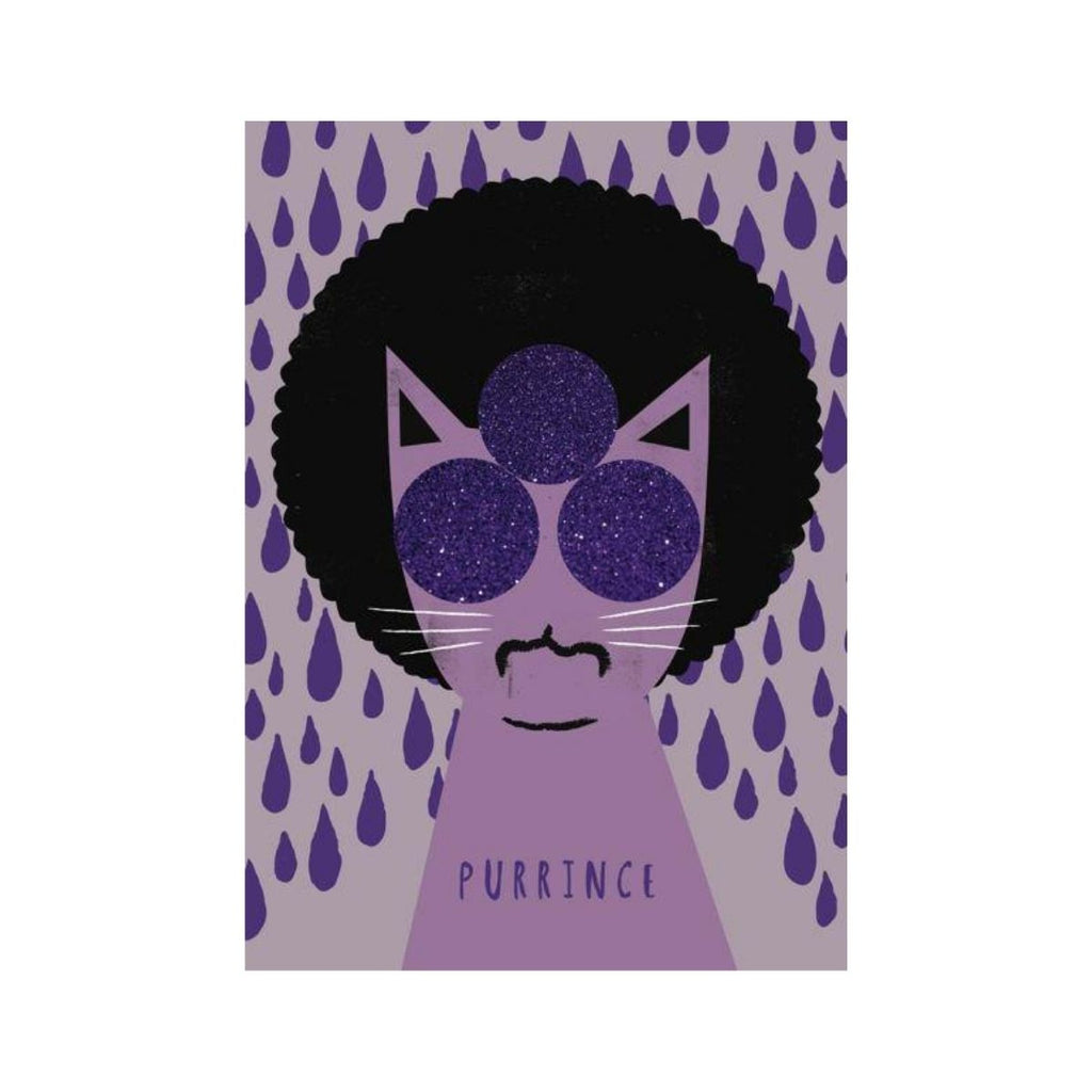 Image featuring an graphic illustration of a feline inspired Prince, which features a purple rain patterned background with the cat figure in the front