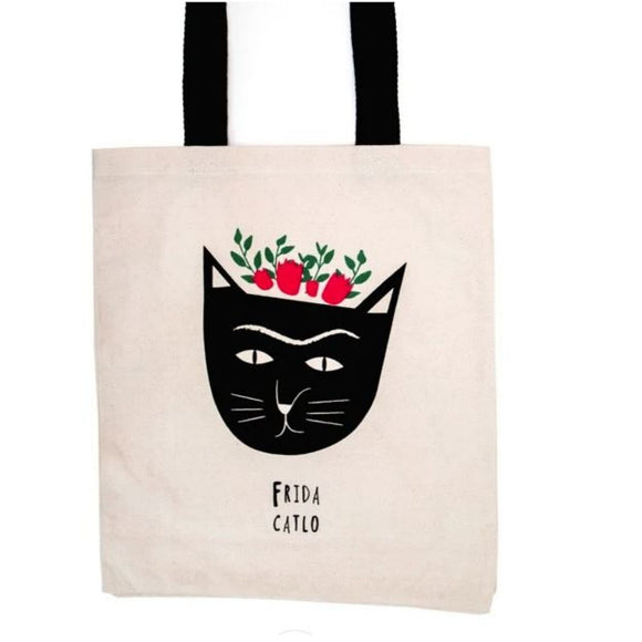 Image featuring the tote bag product in the centre with a graphically illustrated cat icon which has flower above it's head to reflect a feline representation of frida kahlo