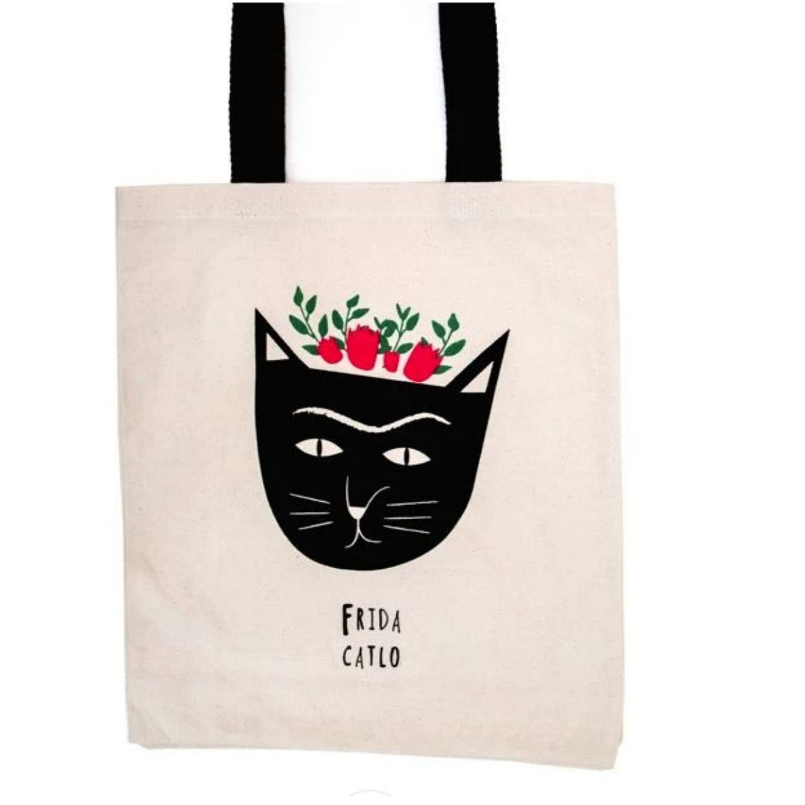 Image featuring the tote bag product in the centre with a graphically illustrated cat icon which has flower above it's head to reflect a feline representation of frida kahlo