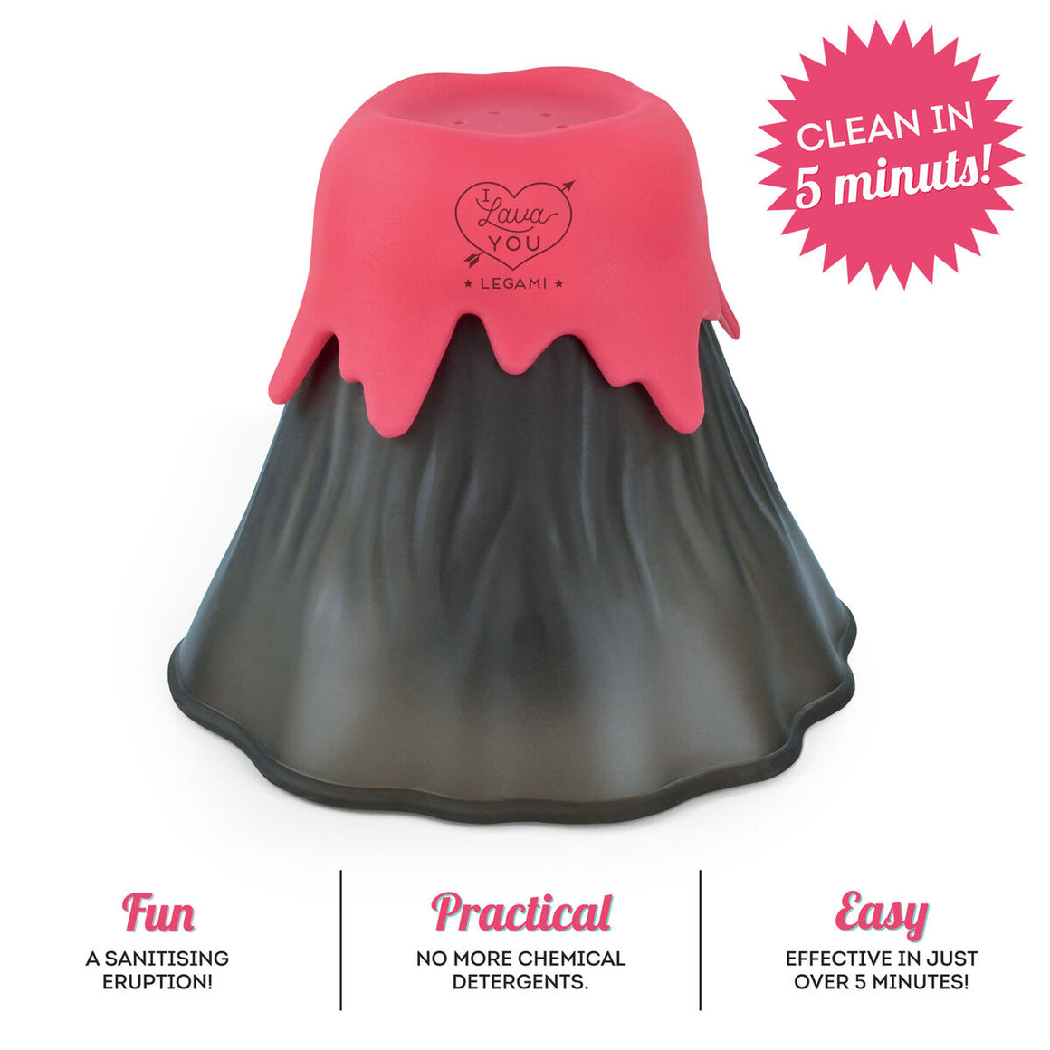 A microwave cleaning device in the shape of a volcano. Made of a black base with a red 'lava' top.