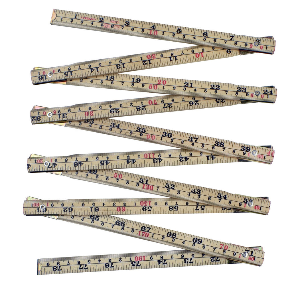 Ten beech wood 20cm rulers bounded together in an accordion configuration to make a 2m folding ruler. 