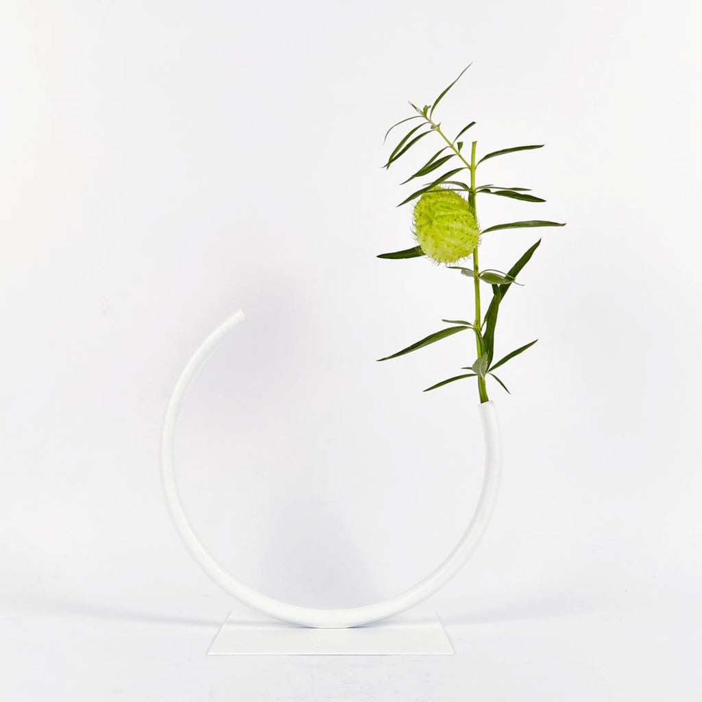 A white metal vase with a flat base has a thin pipe bent into an incomplete circle that holds a couple of native greenery from its lower end. 