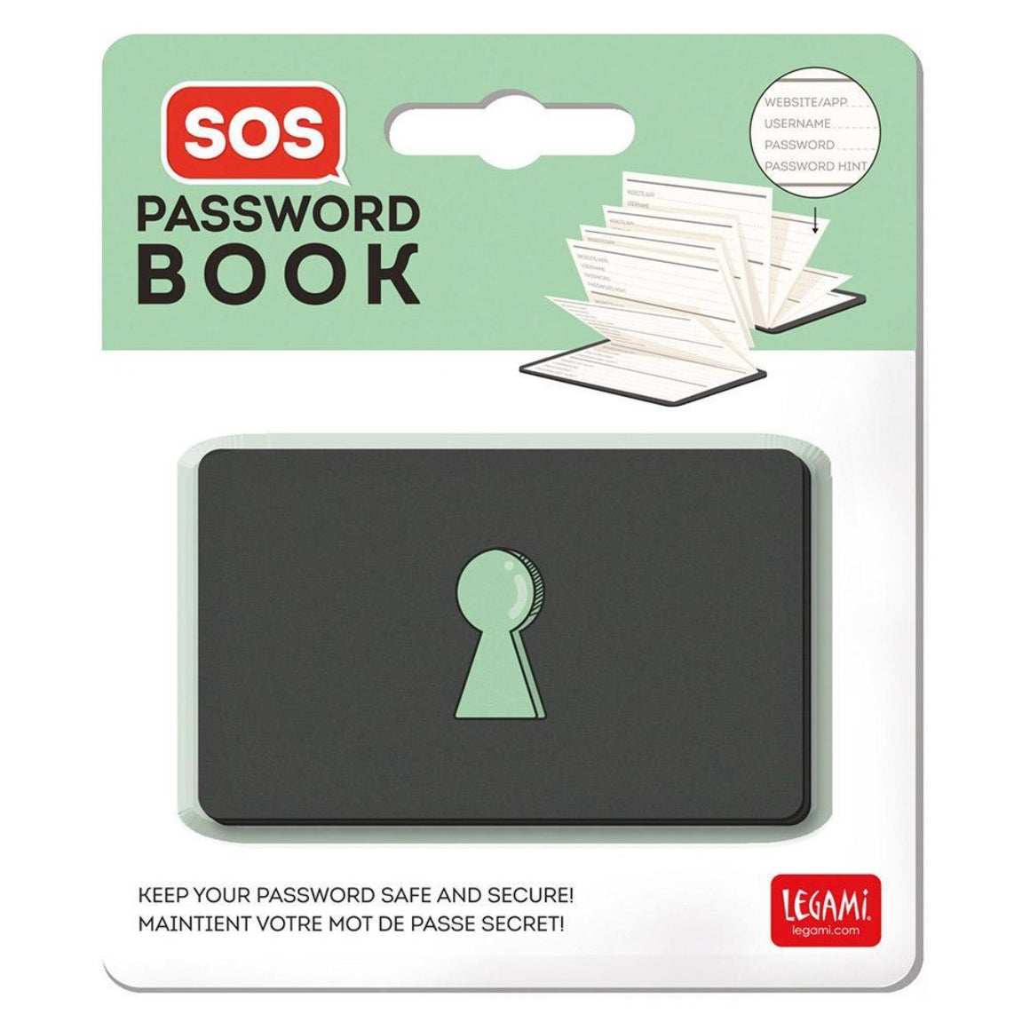 Image featuring the packaging for the Password Book SOS which includes an illustration of how the book folds out and the cover of the item