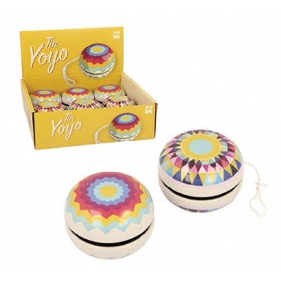 Two Tin Yoyos sit in the foreground featuring geometric starburst designs in rainbow colours