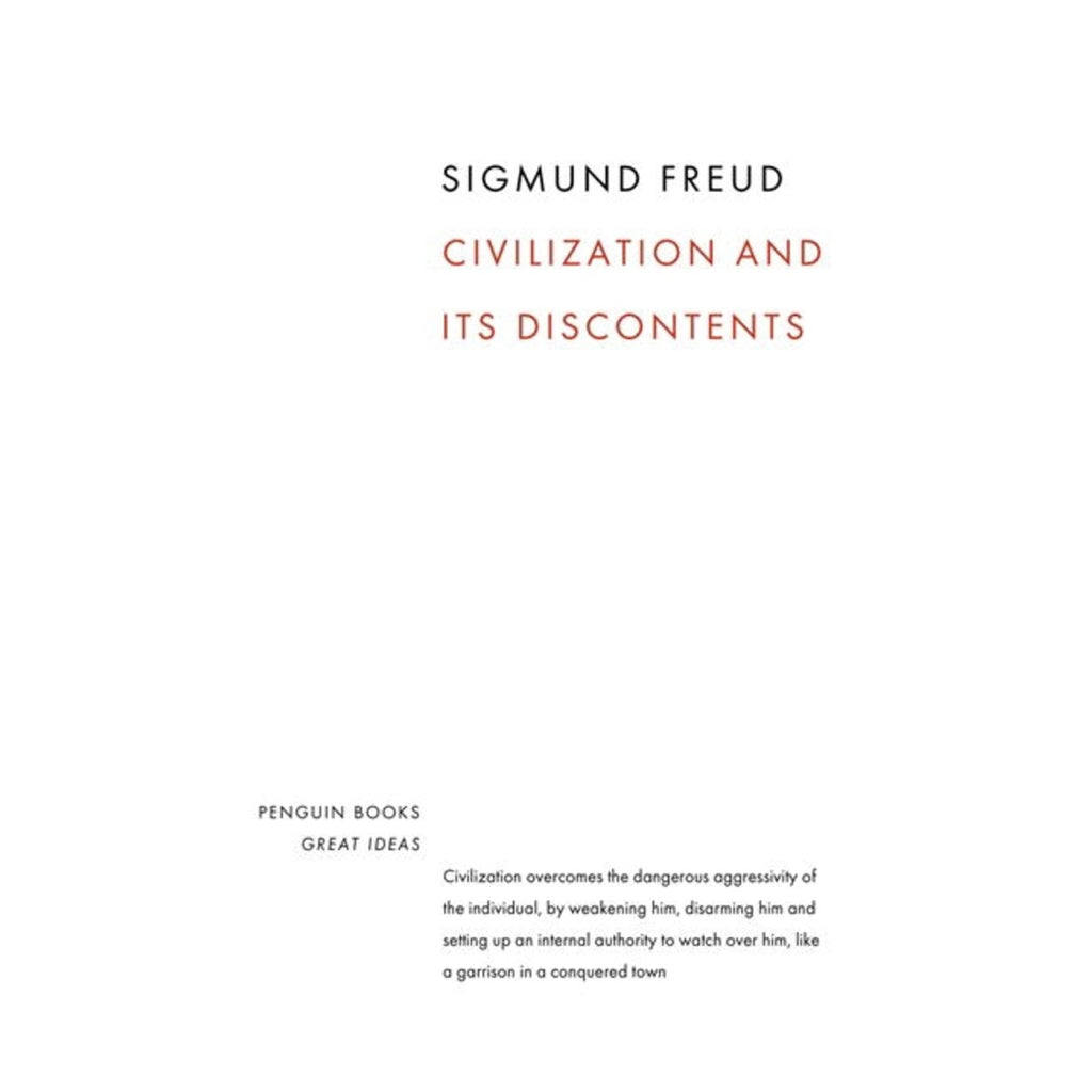 White book cover of ‘Civilization and its Dicontents’ in red text and ‘Sigmund Freud’ in black, both in minimalist san serif font. 