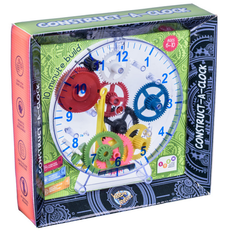 Image featuring the packaging of the Construct-A-Clock: 10 Minute Build which include an image of the final product