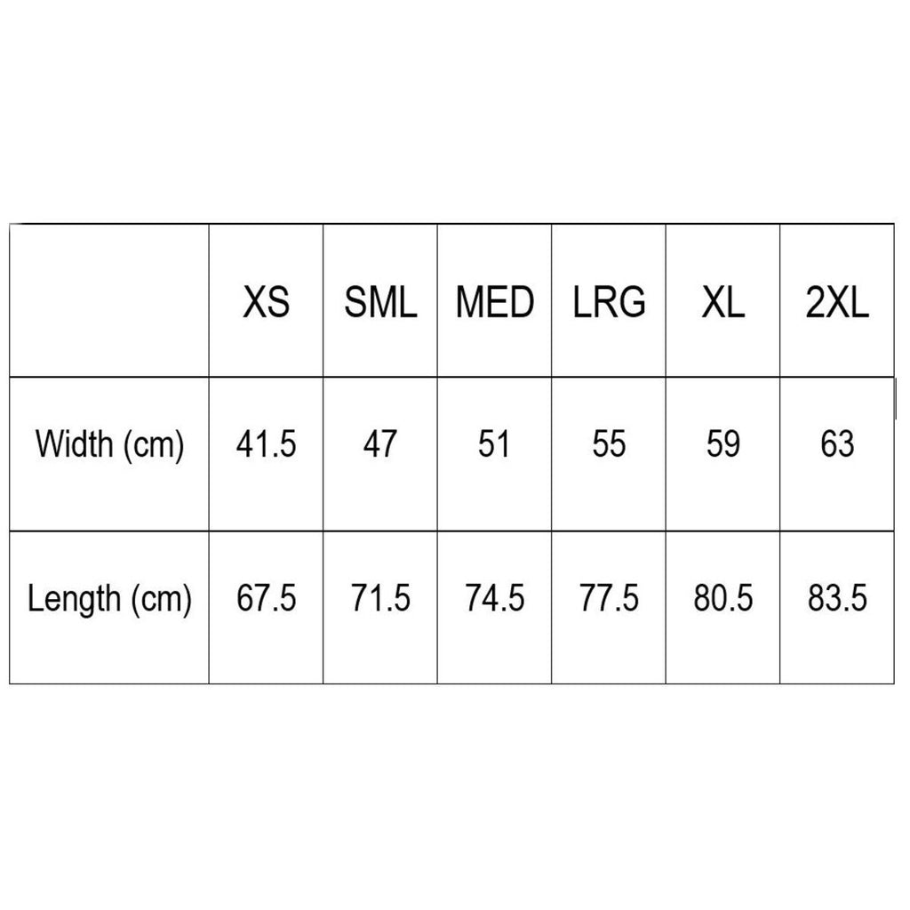 A size table in centimetres with the width and length for extra-small is 41.5/67.5; small is 47/71.5; medium is 51/74.5; large is 55/77.5; extra-large is 59/80.5; two extra-large is 63/83.5. 