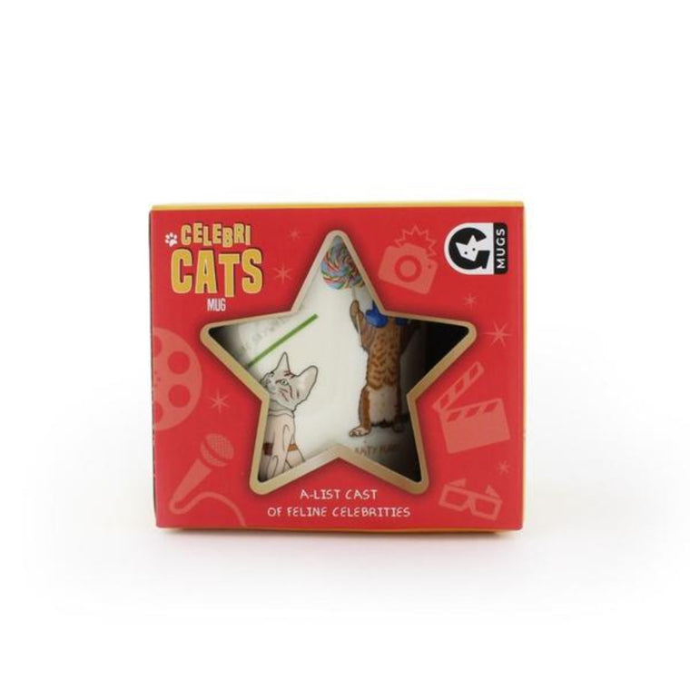 Image featuring the packaging of the Celebri Cats Mug which includes a star window cut out which features the product on the inside