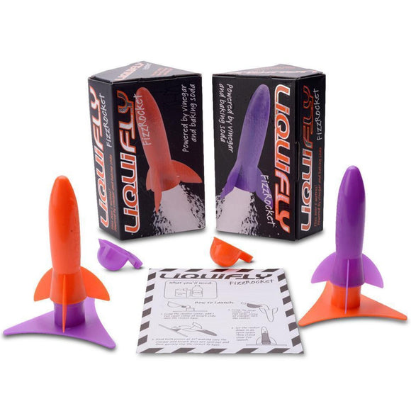 Image featuring two of the fizz rockets including their individual packaging as well as one of the rockets in purple and then orange, image also features the instructions at the front of the image