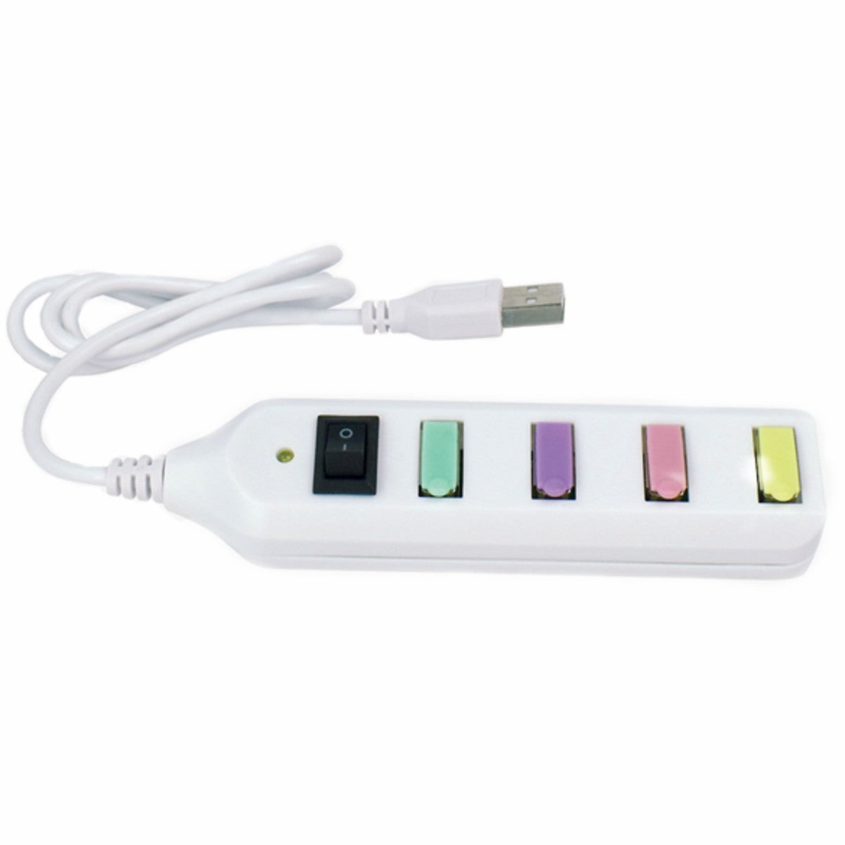 Image featuring a white USB Hub which includes a USB chord and four different coloured (green, purple, pink and yellow) usb port covers